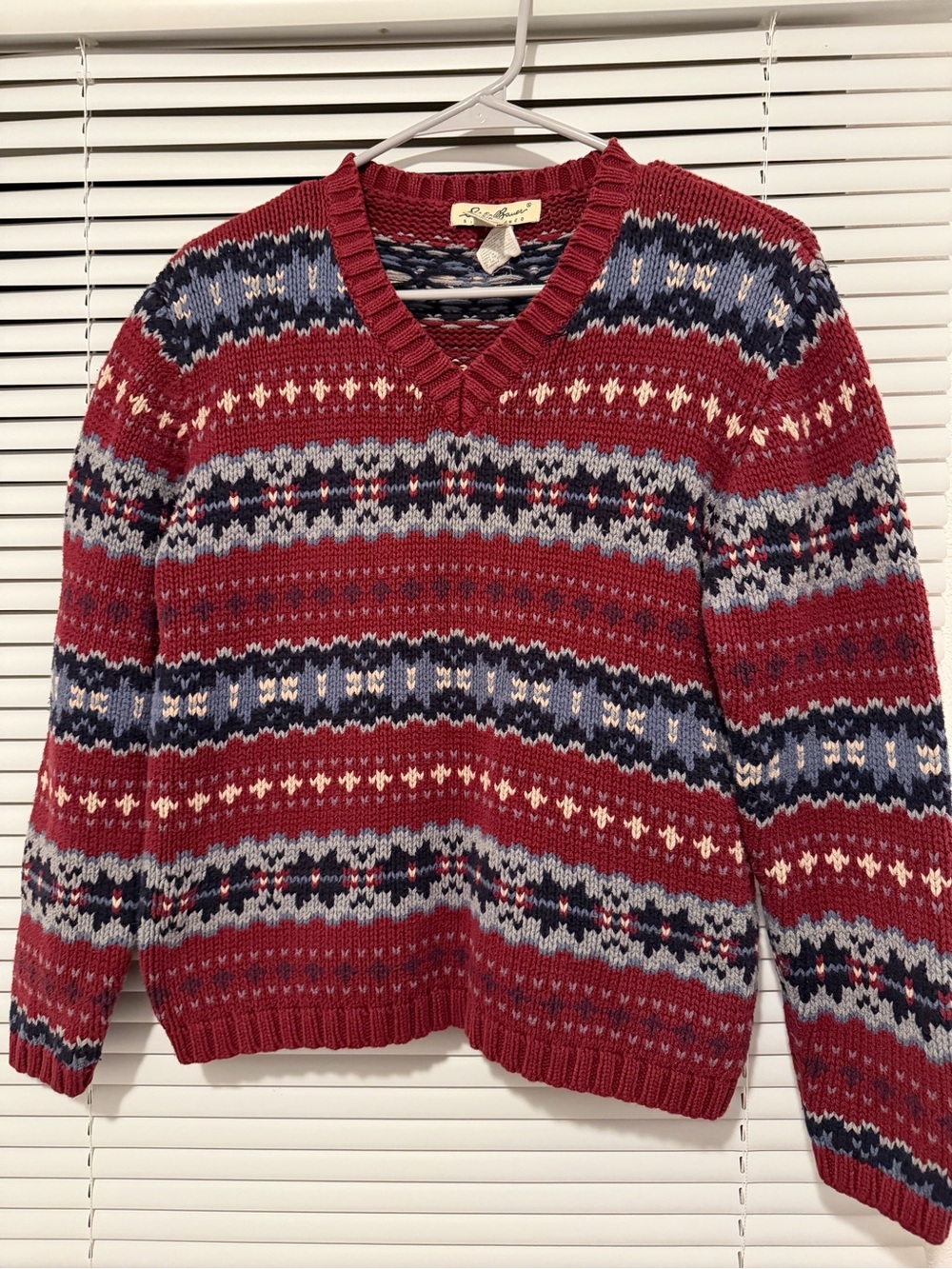 Eddie Bauer Red Fair Isle V-Neck Sweater with Navy & Light Gray Accents